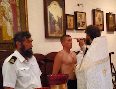 Крещение курсанта Политехнического колледжа МГТУ Музычко Алексея на Патриаршем Подворье.